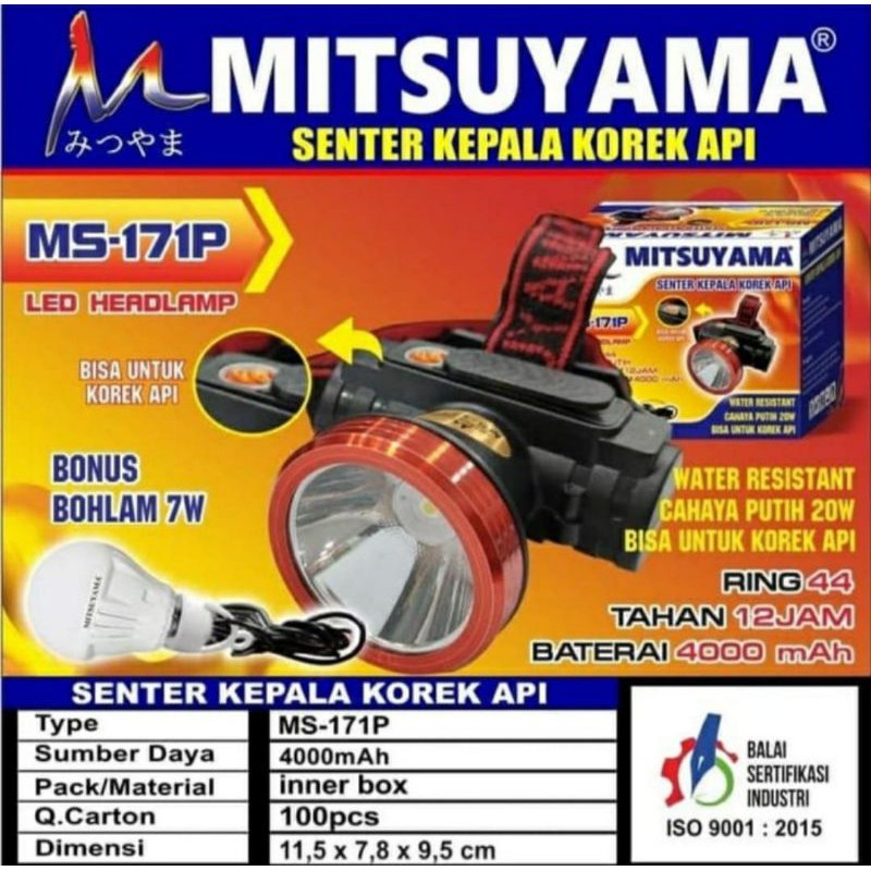 Senter Kepala LED Headlamp Mitsuyama MS-171P Bisa Untuk Korek Api BONUS Bohlam 7Watt