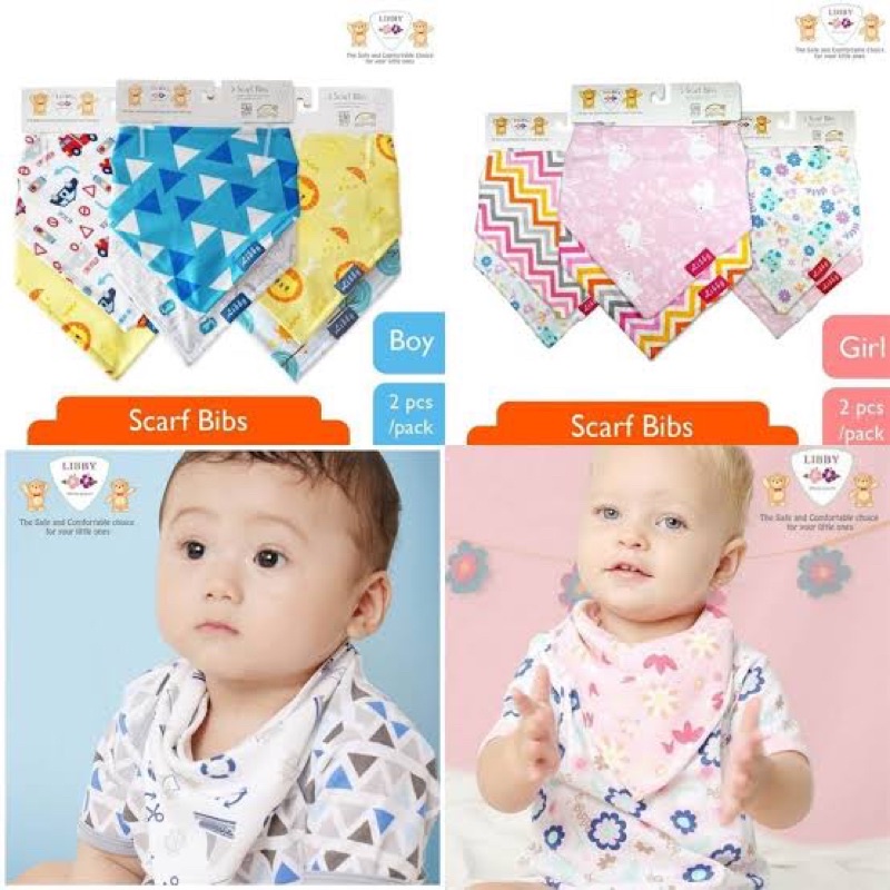 Libby 2 Scarf BIBS / Slabber / Bib / Slaber Celemek Bayi Segitiga Isi 2 Motif - NEW