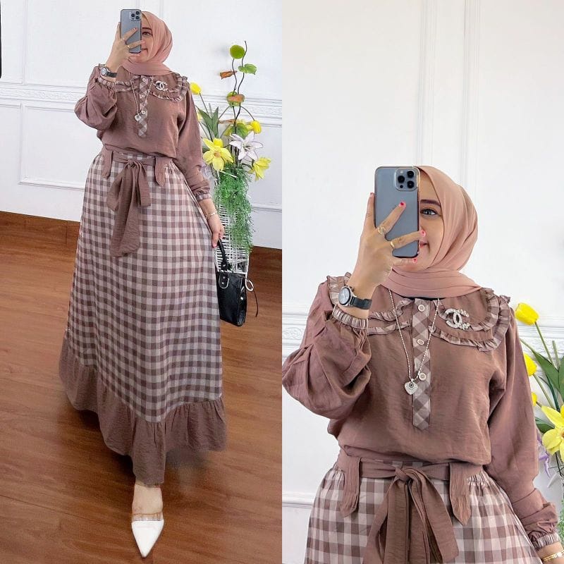 GAMIS STORE - Nila Set 2in1 l Setelan Shakila Polos Mix Katun Kotak Import Fit S-XL | Baju One Set Atasan + Rok Remaja Wanita Muslim Kekinian