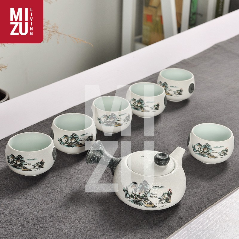 LOTUS Classic Chinese Tea Pot SET 6 Cups Textured Ceramic With Gift Box Teko 6 Cangkir Teh Keramik-MOUNTAIN WATERFALL