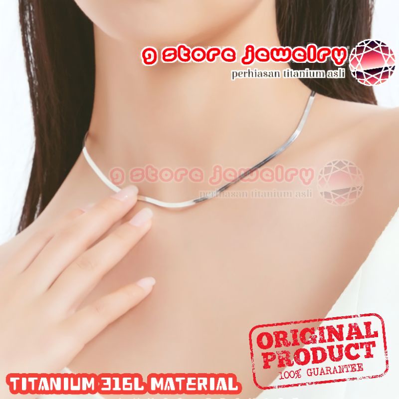kalung titanium wanita anti karat asli original lapis emas putih perak silver motof pipih flat
