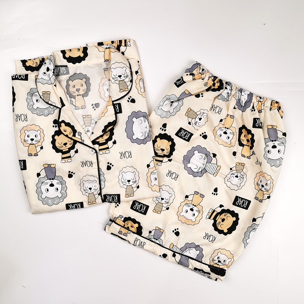 Setelan Piyama Dewasa Celana Pendek Lengan Pendek Hotpant All Size-HPL LION CREAM