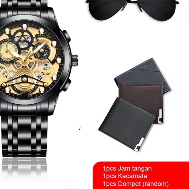 SALEEN LIGNE - Jam Tangan Pria Set - Jam Tangan Kado -  Hampers Jam Tangan  - Jam Tangan Dompet Kaca