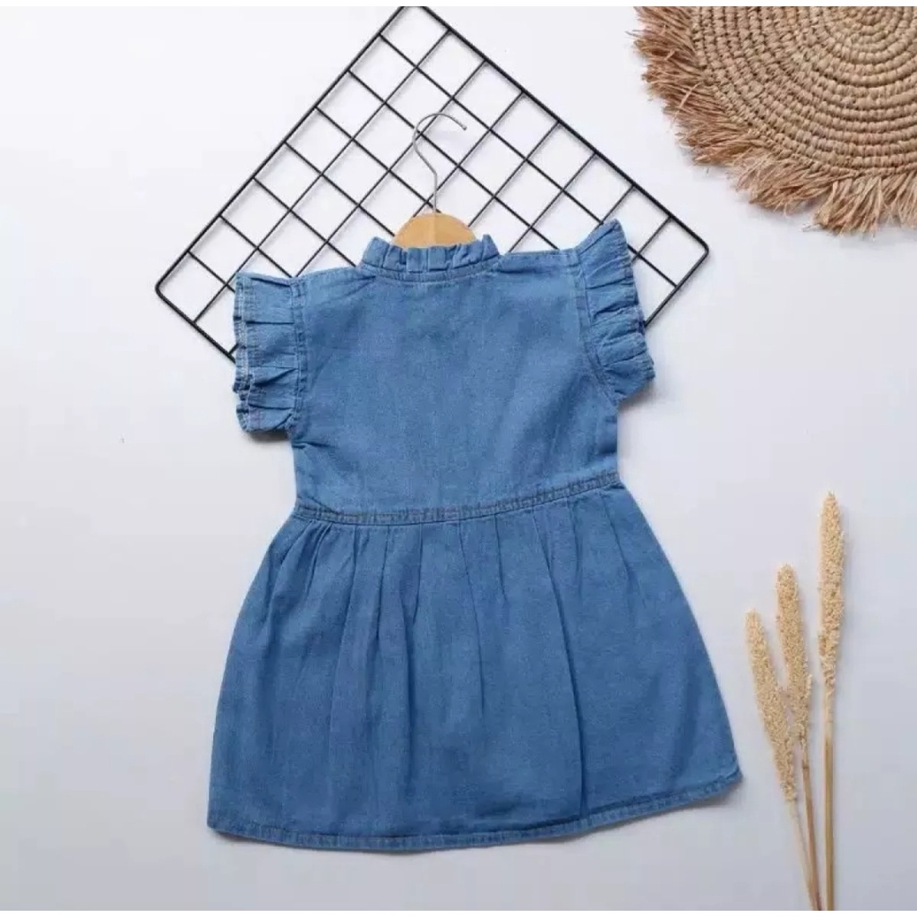 Dres jeans anak perempuan lengan Ruffle , Dress cewek tanpa lengan