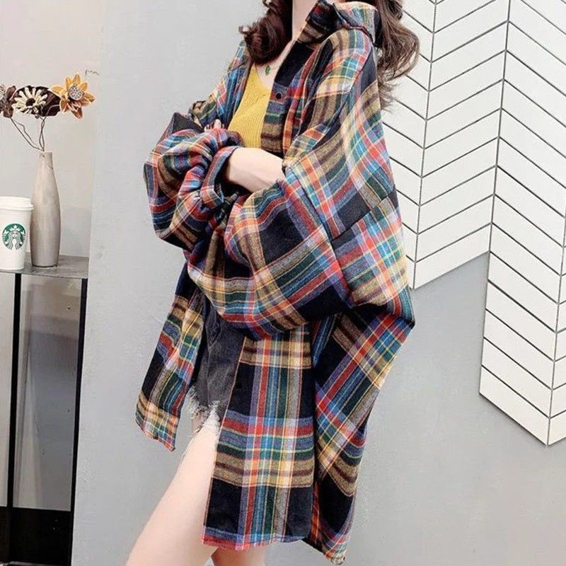 Kemeja Flanel Kotak Kotak Kemeja Oversize Model Longgar Hitam Wanita Casual Lengan Panjang