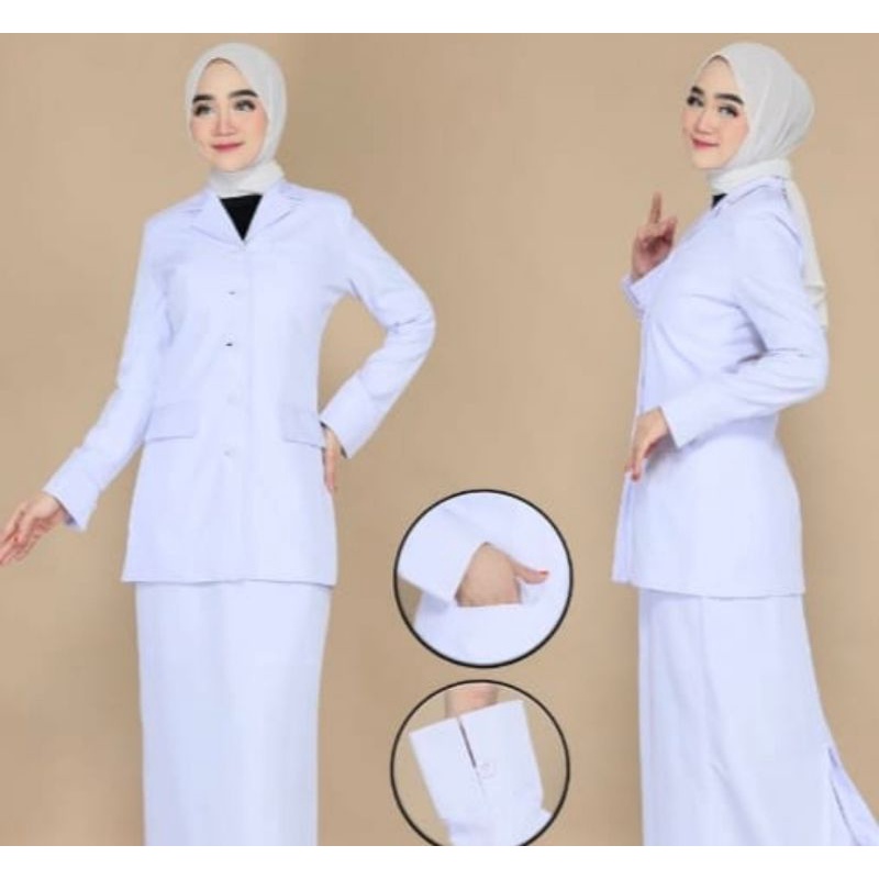 SERAGAM DINAS GURU /ATASAN PUTIH KANTONG BAWAH BAHAN KATUN KANTONG DUA BAWAH FREE HIJAB