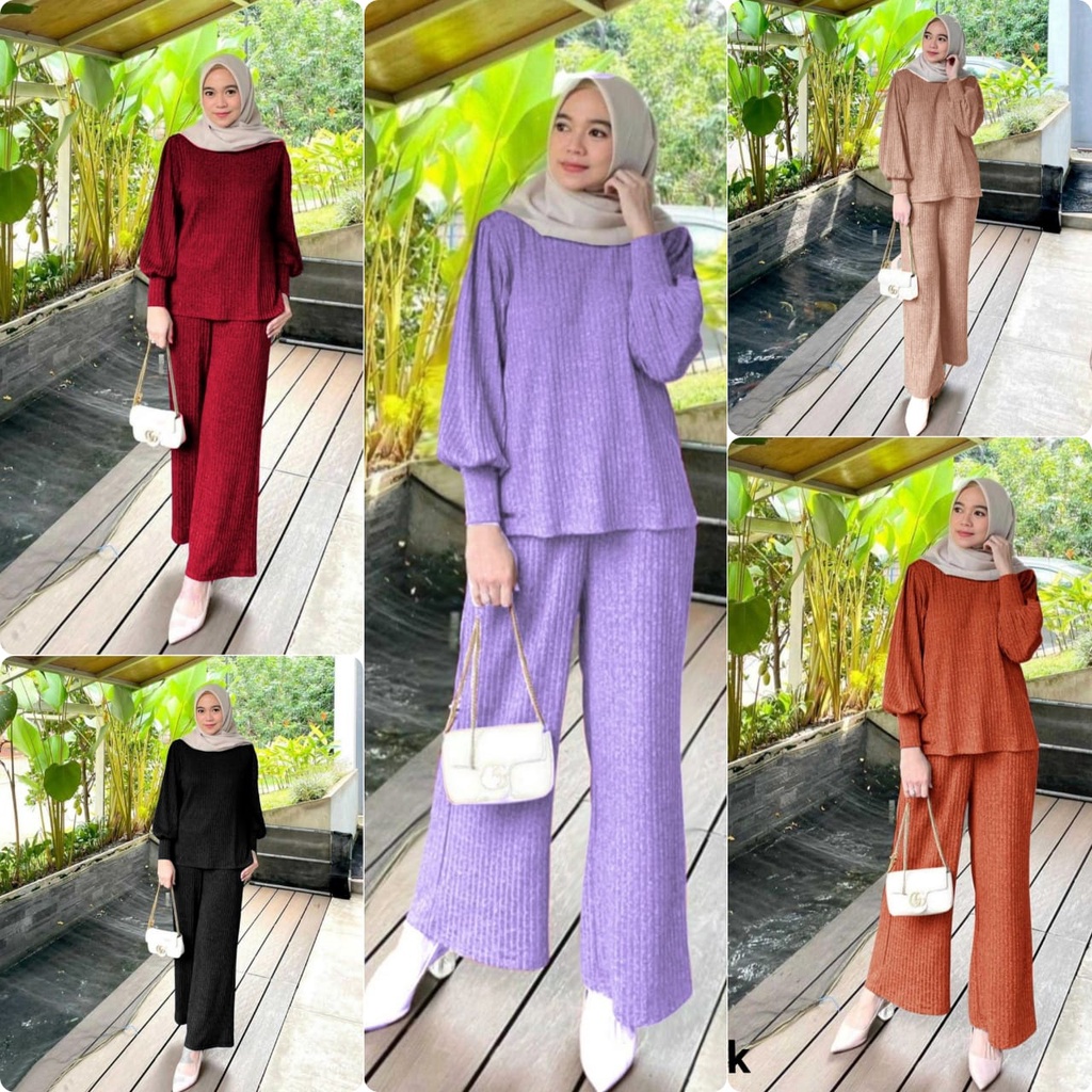 SET HARAGA FASHION PAKAIAN WANITA SETELAN ATASAN DAN CELANA BAHAN KNIT EDHM