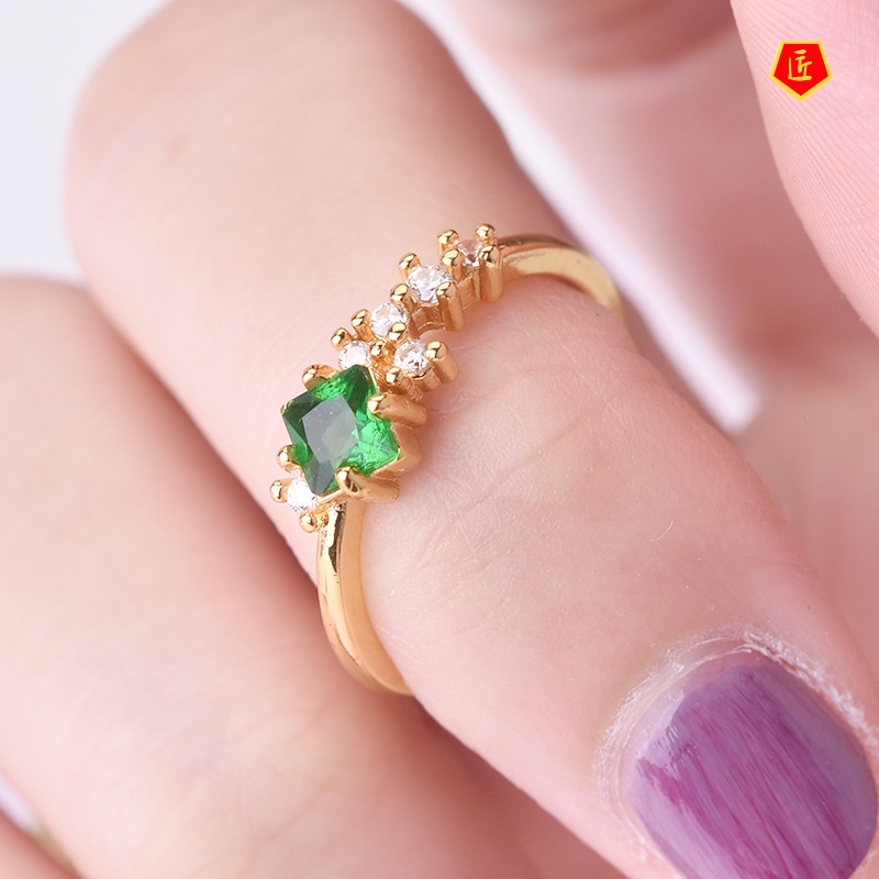 [Ready Stock]Simple Elegant 14K Gold Exquisite Green Square Rhinestone Ring