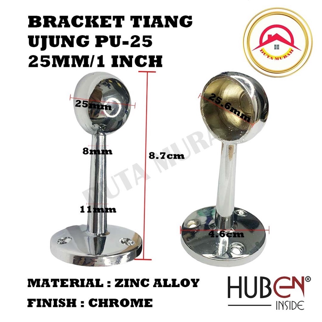 Braket sock Tiang Pipa Bulat Aluminium chrome stanless  Tembus Buntu 25mm (1inchi)