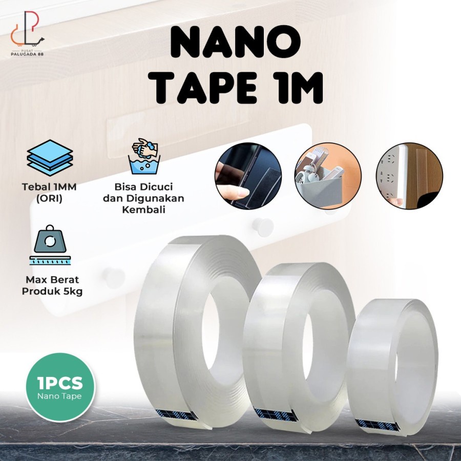 Nano ajaib tape transparant washable reuse ivy grip isolasi 3cm x 1m Double Bening Tahan Air 30mm x 1m Acrylic PANJANG 1 Meter LEBAR 3 cm TEBAL 2 mm