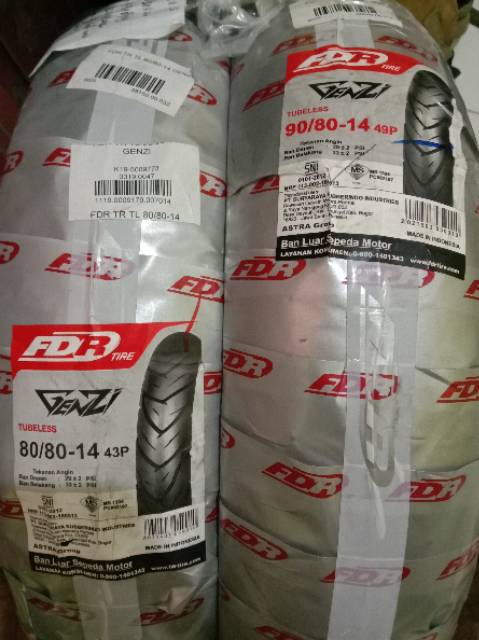 Paket ban tubeless FDR Genzi/pro + pentil UK. 80/80-14 dan 90/80-14 untuk beat/Vario 110 F1/Mio J/m3