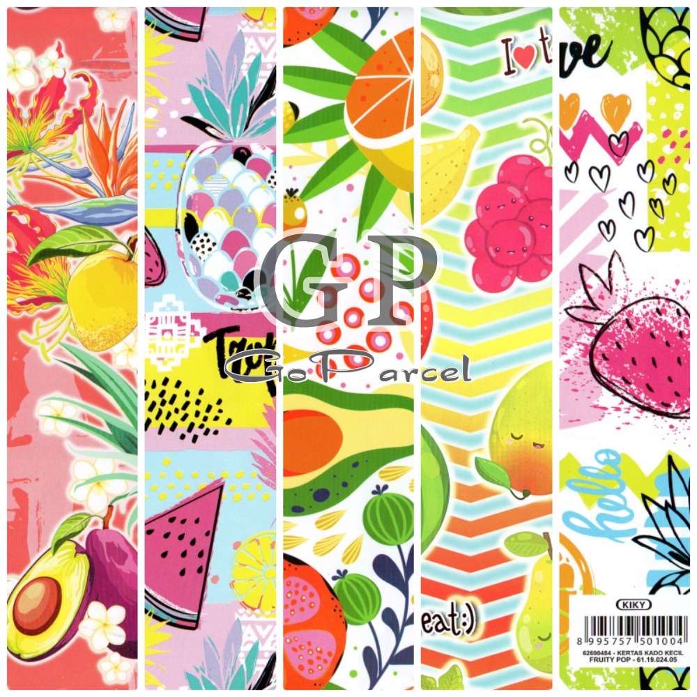 ( 5 Lembar ) KERTAS KADO FRUITY POP KIKY - GIFT WRAP PAPER BUAH BUAHAN SEMANGKA WATERMELON AVACADO PINEAPPLE STRAWBERRY ORANGE GRAPE ALPOKAT LEMON SHINT MENGKILAP GLOSSY