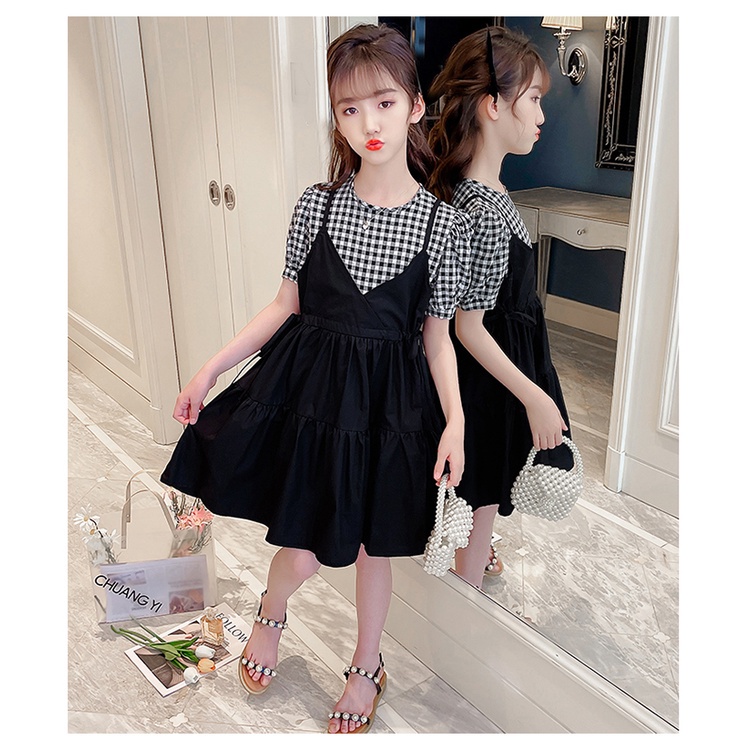 (COD) Stylequ Baju korea Anak Cewek  Lengan Pendek Setelan Dress Rompi  Motif Kotak Kotak Simple  El
