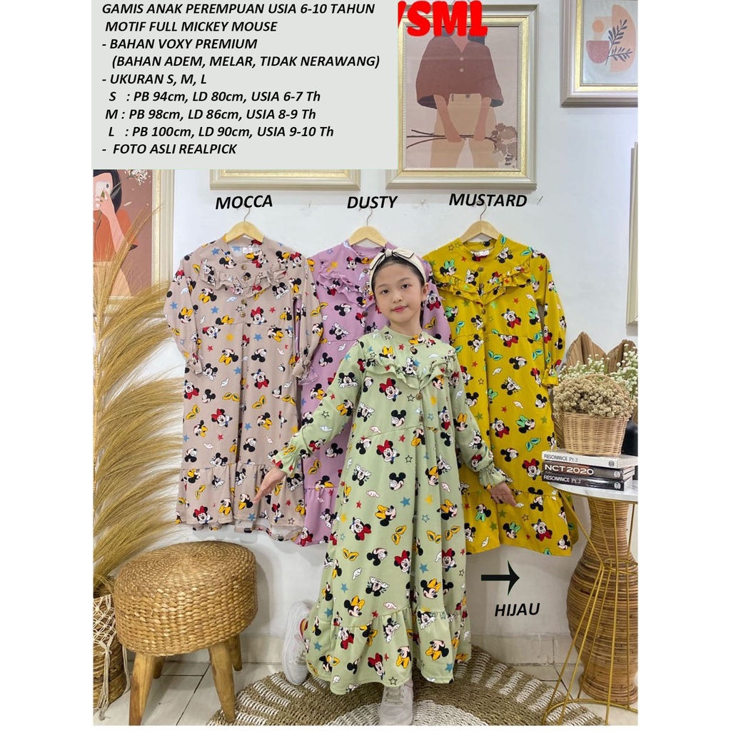 GAMIS ANAK PEREMPUAN USIA 6 - 10 TAHUN MOTIF FULL MICKEY MOUSE
