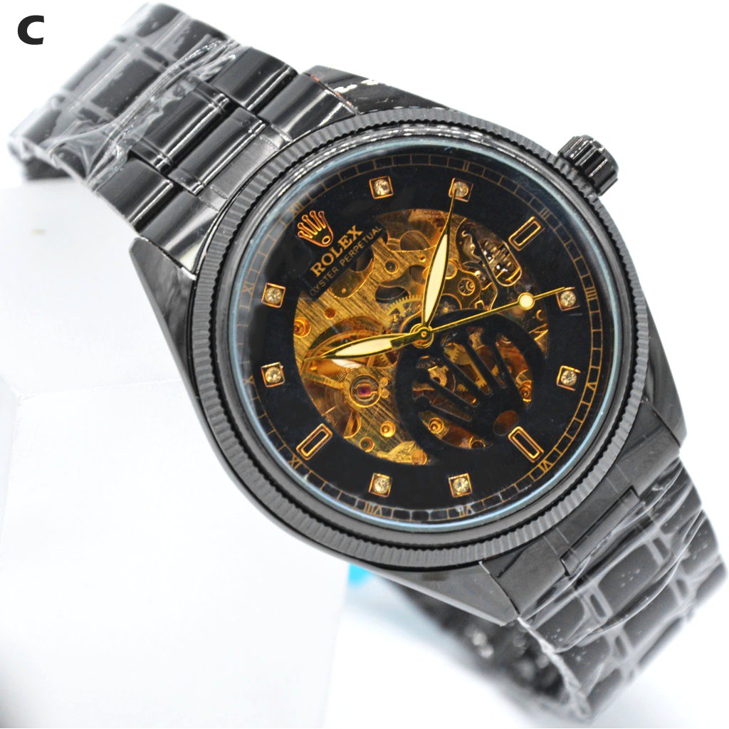 Jam ROLEX Pria Hitam Besar Automatic Rantai COD Transparan Rantai best Quality Otomatis Matic