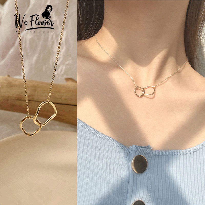 We Flower Kalung Emas 14K Dengan Liontin Lingkaran Ganda Geometris Minimalis Untuk Wanita