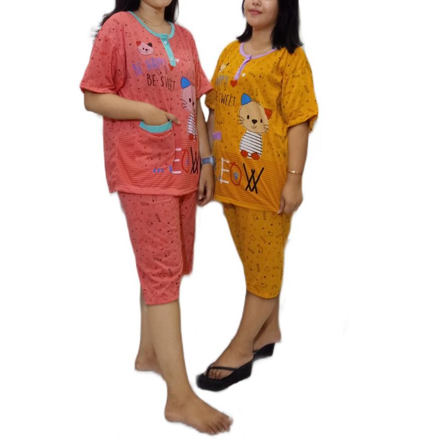✲ Baju Tidur Wanita 3/4 Jumbo NB Bahan Tebal MEOW HOKI ☚