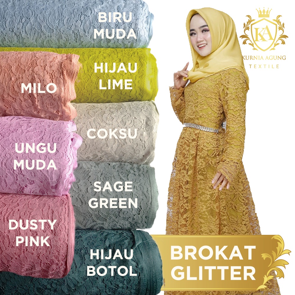 Brokat Gliter Meteran Kain Brukat Glitter Premium Lace Motif Bunga Murah Bahan Gamis Pesta Muslim Kekinian Lebar 150cm Mewah Tebal