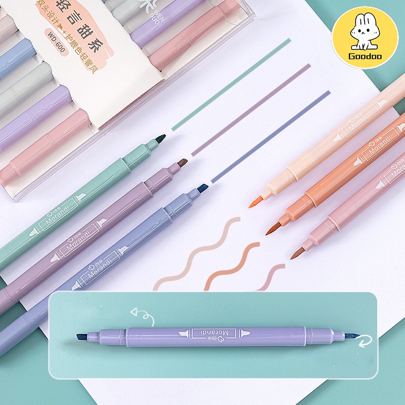 6PCS/Set Spidol Highlighter/ Colour Pen/ Journal Marker Pen/ Double Side Pen Sekolah Alat Tulis Murah -Doo