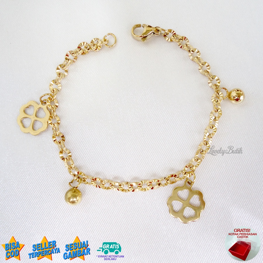 Lovelybutik Gelang Anak Perempuan Titanium Asli Anti Karat Gelang Tangan Anak Bunga Kecil Rantai Nori Donat Ukuran 15 Cm BONUS TEMPAT PERHIASAN