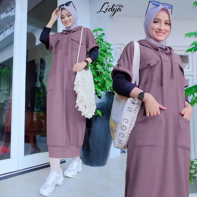 Lidya Midi Dress / Long Tunik Wanita Terbaru / Gamis Polos Murah / Midi Dress Polos Bahan Babyteri /