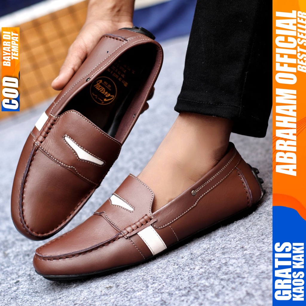 Sepatu Casual Pria Slip On Slop Selop Pansus Santai Kulit Asli Kerja Kantor Kulit Kondangan Hitam Polos Fashion shoes Terbaru Original Murah Kekinian Cowok VELAS ABRAHAM