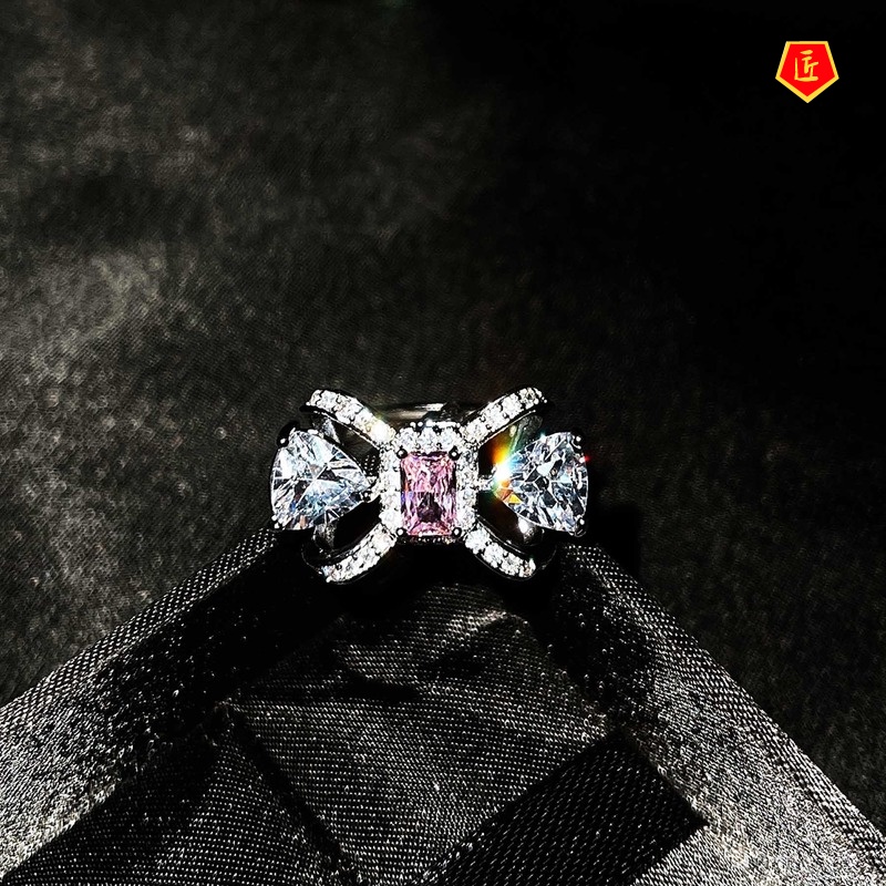 [Ready Stock]Diamond Bow Stud Earrings Elegant Necklace Ring Set