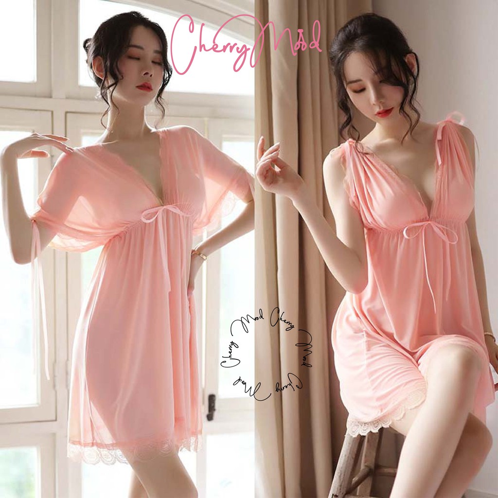 CAMELLIA Lingerie Sexy V-Neck Renda Pita 2 Style Baju Wanita Jumbo Transparant Fashion Import Baju Dinas Depan Suami Sleepwear G-string Termurah Baju Malam Pertama Terbaru Pakaian Dalaman Wanita-Merah Muda