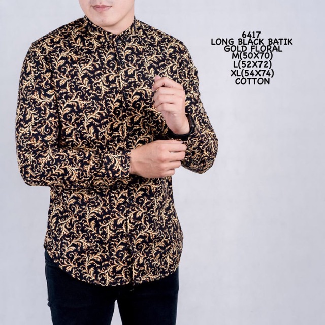 Kemeja Lengan Panjang Pria Motif Gold Floral Batik Casual Modern 6417