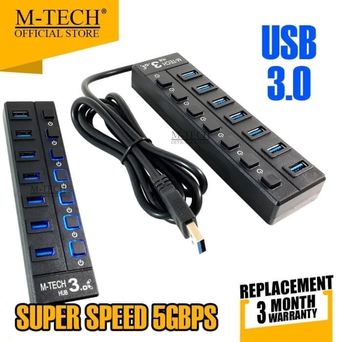 Usb 3.0 hub m-tech 7 port switch on off 1.2m cable 5Gbps mt-uh7 - Terminal usb3.0 7 slot saklar 120cm