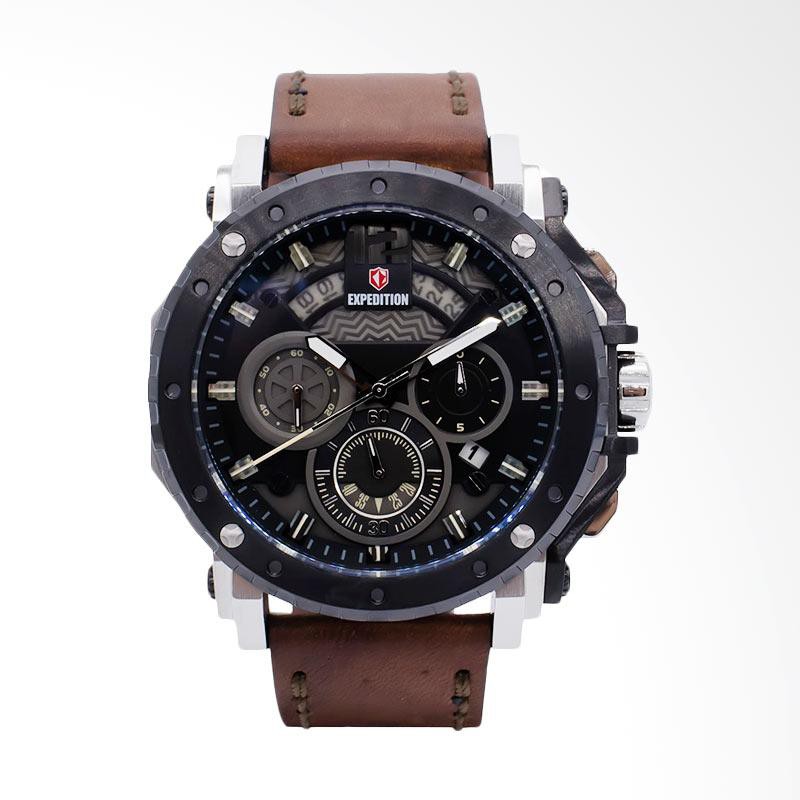 JAM TANGAN EXPEDITION WATCH 6402 PRIA SILVER BLACK LEATHER BROWN ORIGINAL