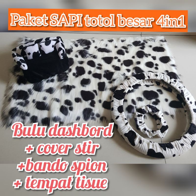 paket 4in1 bulu dashboard, tempat tisue, cover stir dan bando spion Sapi