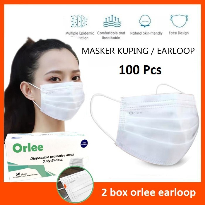 Masker Earloop Kuping 3 Ply 3Ply ORLEE BUNDLING 2 box 100Pcs