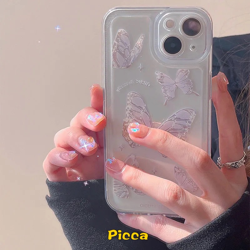 IPHONE Ins Casing Ponsel Kupu-Kupu Fantasi Transparan Kompatibel Untuk Iphone14 13 11 12 Pro MAX 6 6s 7 8 14 Plus SE XR 7Plus 8Plus X XS MAX Pelindung Kamera Bening Lembut TPU Penutup Belakang