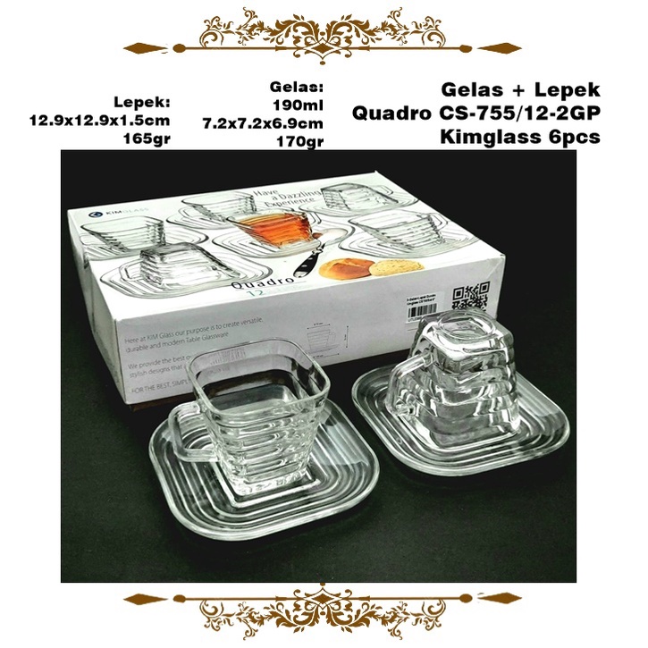 Set Gelas+Lepek Quadro CS-755/12-2GP KIMGLASS Isi 6 Set