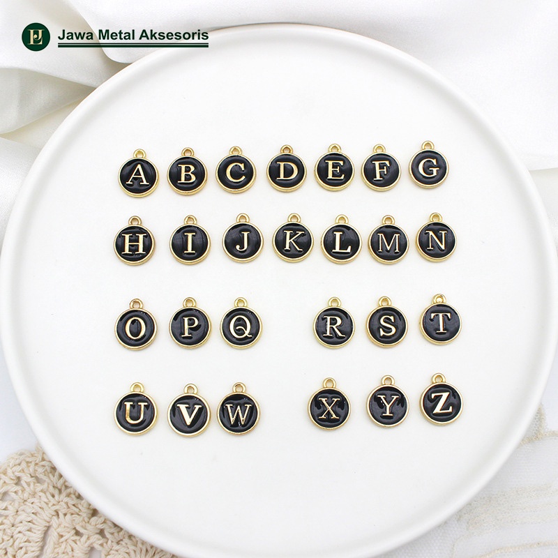 Jawa Alloy Pendant Bandul Charm Gelang Kalung Gelang Alphabet Abjad Huruf Koin Enamel Warna Hitam Pu