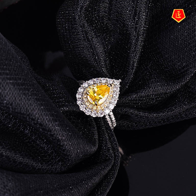 [Ready Stock]Inlaid Drop-Shaped Citrine Ring Luxury Full Diamond