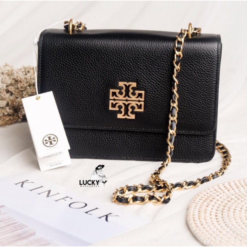 Tory Burch Britten Leather Adjustable Shoulder Bag In Black - ORI 100%