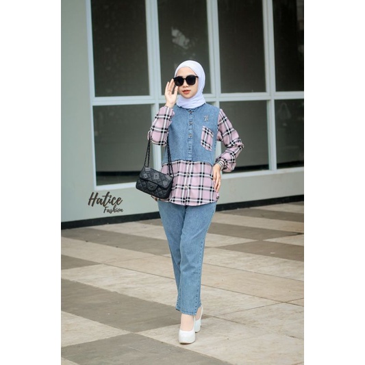 [ TERLARIS ] ONE SET WANITA TERBARU KEKINIAN TRENDY / ONE SET JEANS WASAH HOUNDSTOOTH KEKINIAN / SET