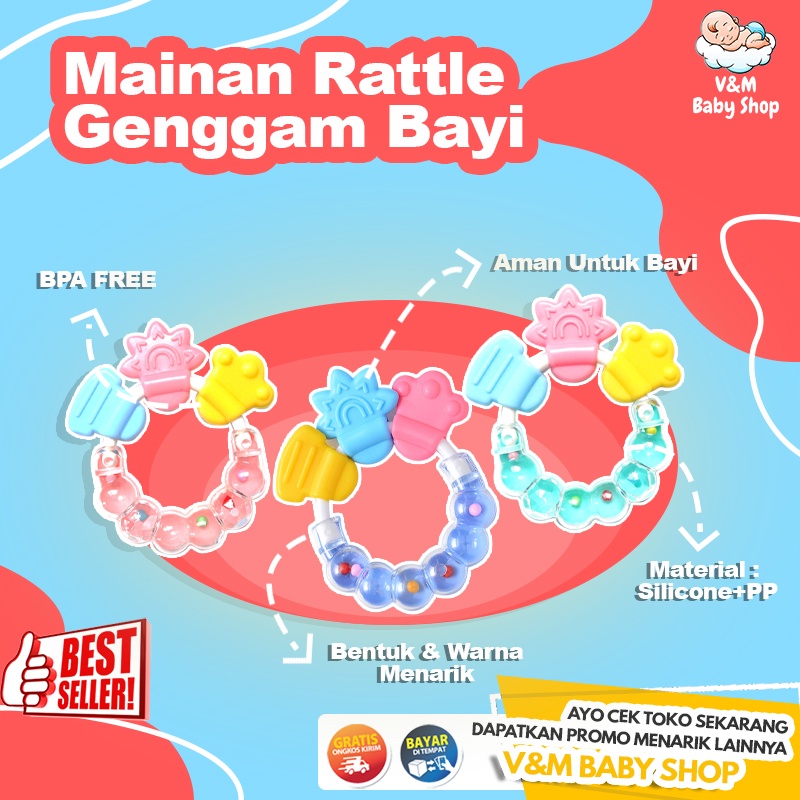 VnM005 | Mainan Rattle Genggam Bayi Gigitan Empeng Buah Plastik Dengan Teether Gelatin / Mainan Bayi