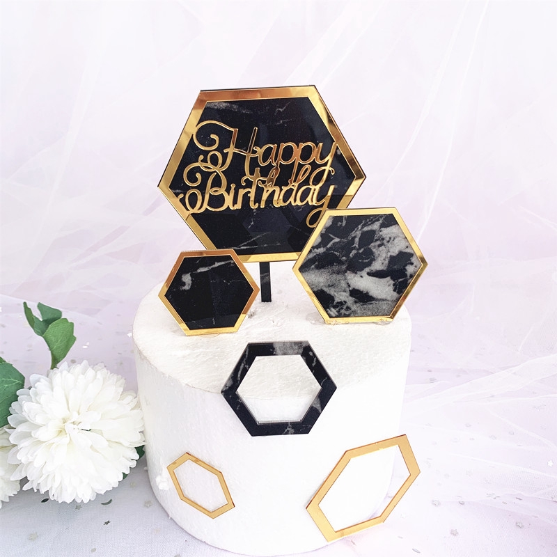 Topper Kue Bentuk Hexagonal Motif Marmer Bahan Akrilik Untuk Dekorasi Pesta Ulang Tahun