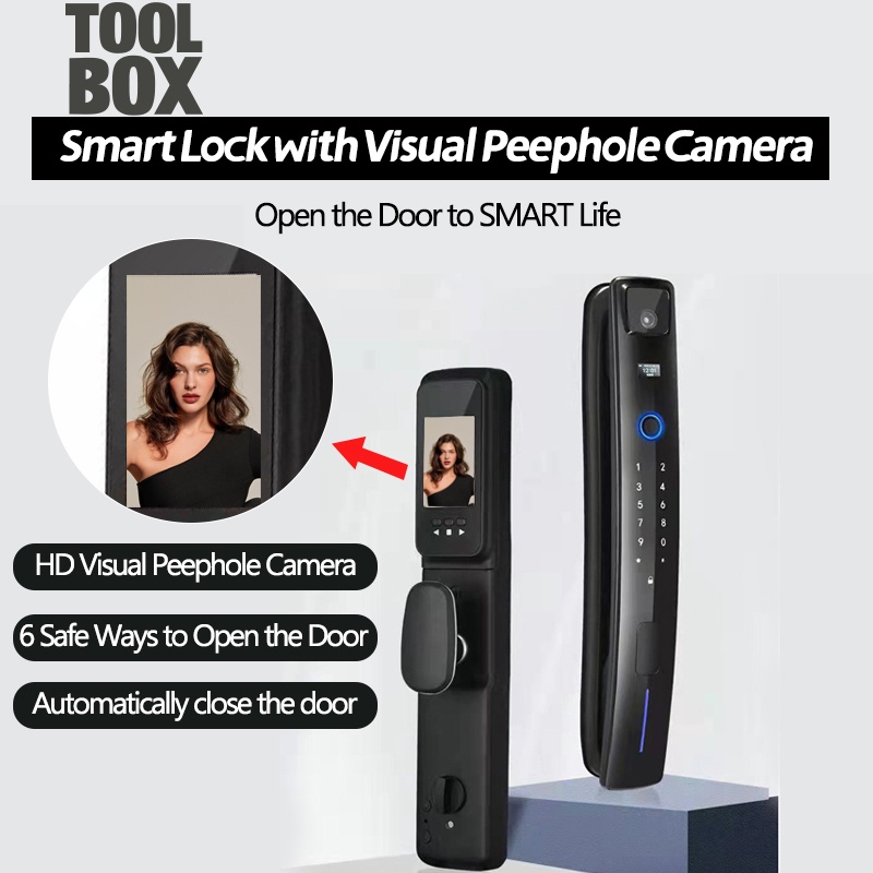 Toolbox 2022 TERBARU Smart Door Lock HD visual peephole camera cat eye fingerprint 6 unlock methods Kartu gesek kata sandi sidik jari untuk menutup dan membuka pintu secara otomatis Dilengkapi dengan pengisian daya USB bel pintu Fingerprint password card-2