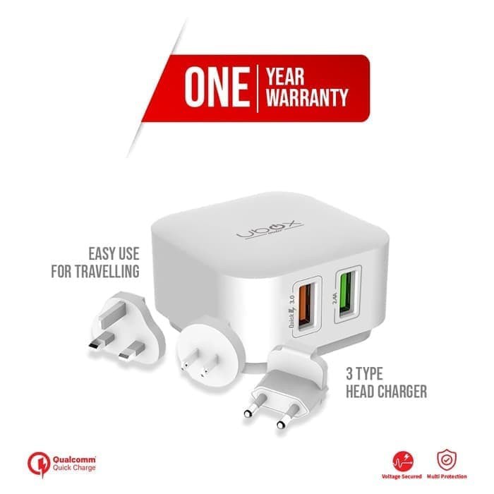 Kepala Adaptor Travel Charger fast charging 3A Ubox + Pouch UK EU US