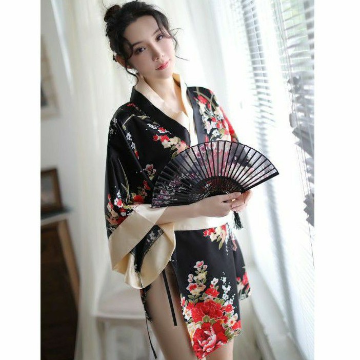 《Phiphii》PREMIUM Kimono Jepang Cosplay Sexy Lingerie Bahan Ice Silk Motif Bunga