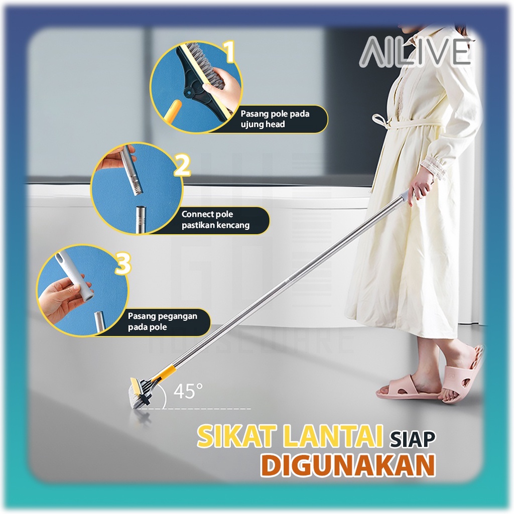 Sikat Lantai Wiper Kamar Mandi 2IN1 Putar 120° Model Sikat Sudut Lancip Gagang Panjang Wiper Pembersih Toilet Praktis Serokan