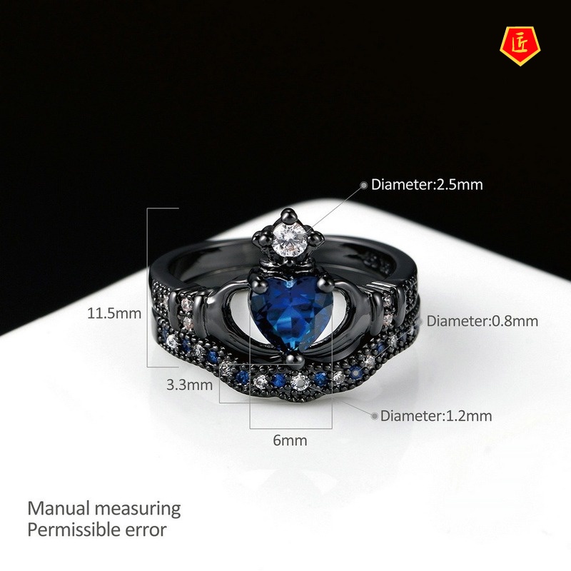 [Ready Stock]Double-Layer Ring Set Female Sapphire Heart-Shaped Crown Fashion Black Gold