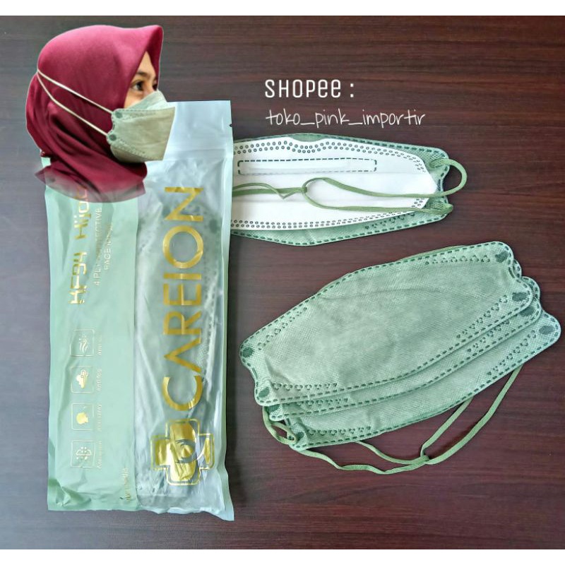 MASKER KF94 HIJAB 4PLY HEADLOOP CAREION WARNA ORIGINAL ISI 10 HITAM ABU PUTIH SHRIMPINK MATCHA WARNA NUDE