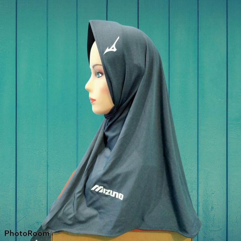Hijab Sport Hijab Instan Sport Kerudung Olahraga Volly, Bersepedah, Joging Berlogo MIZUNO-Abu-abu