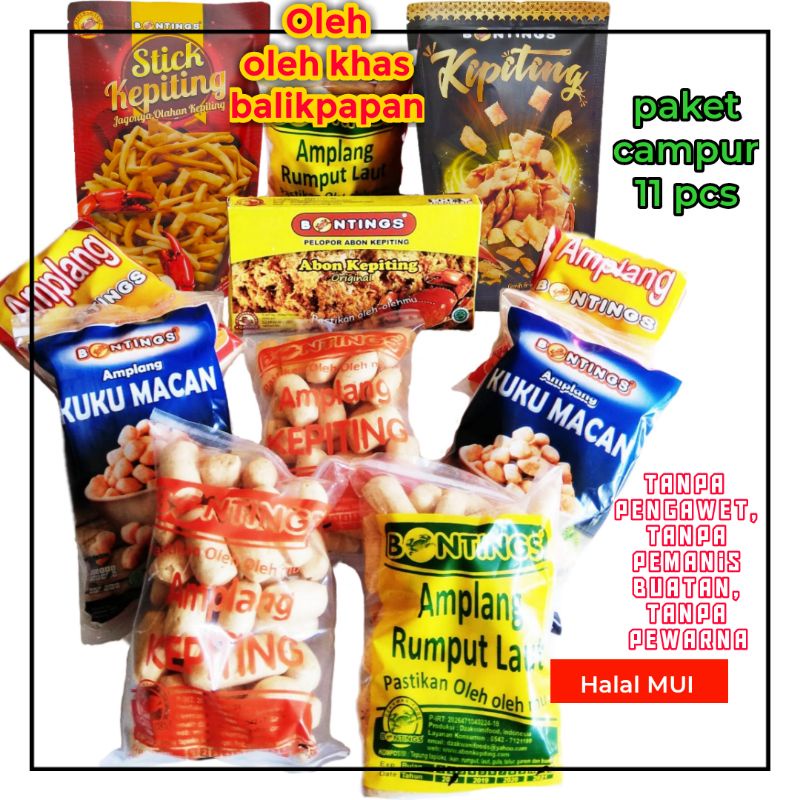 

Cemilan oleh-oleh Bontings kerupuk amplang stik dan snack kepiting murah total 11 pcs [paket]