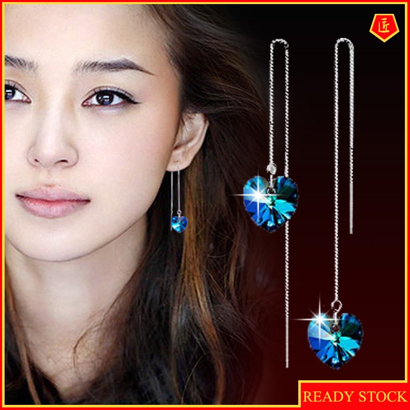 [Ready Stock]Women's Long Heart-Shaped Blue Crystal Earrings Elegant